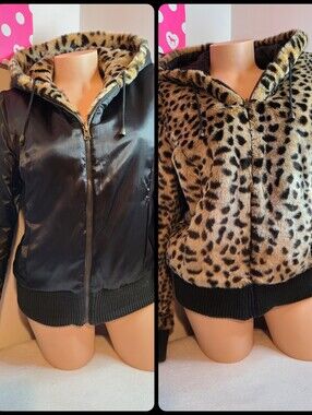 Rare VTG Guess Reversible Leopard Print Faux Fur & Satin Bomber Jacket Size Lg
